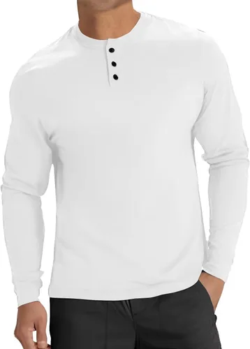 Vista 2 de Uni Clau Camisas Henley de manga larga para hombre, ajuste delgado, ligeras, 3 botones