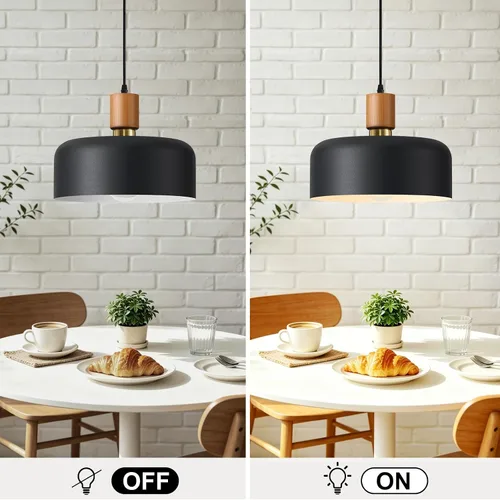 Vista 2 de Lámpara colgante moderna negra sobre isla de cocina, iluminación colgante industrial, lámpara colgante de techo de madera ajustable para comedor