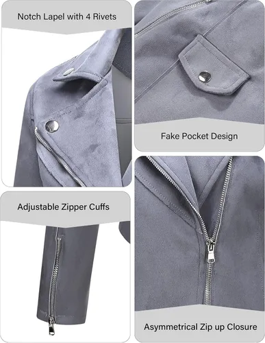 Vista 5 de Bellivera Chaqueta corta de piel sintética para mujer, con solapas, abrigo de gamuza para otoño, moda con microelástico