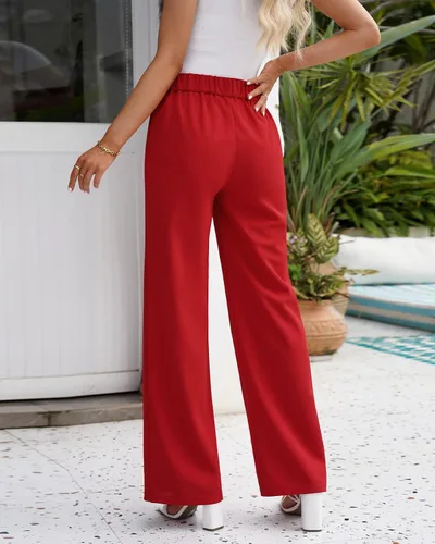 Vista 2 de Vetinee Pantalones de vestir para mujer, estilo casual, de cintura alta, pierna ancha, para trabajo, oficina, pantalones elásticos