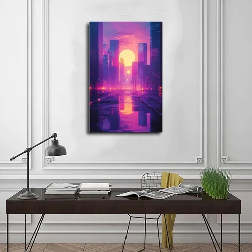Vista 3 de Synthwave Aesthetic Wall Print – Vaporwave Inspired Urban Art, Purple & Orange Neon Poster for Modern Home Decor Vintage Wall Decoration Famous Oil