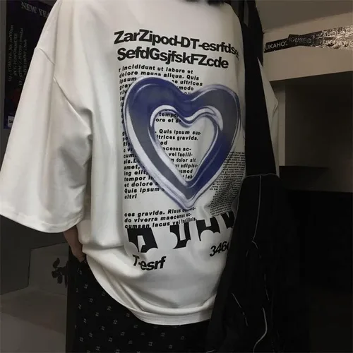 Vista 2 de Camiseta de manga corta para hombre, diseño de corazón grunge, emo, camiseta alternativa de gran tamaño, hip-hop, manga corta, preppy Techwear
