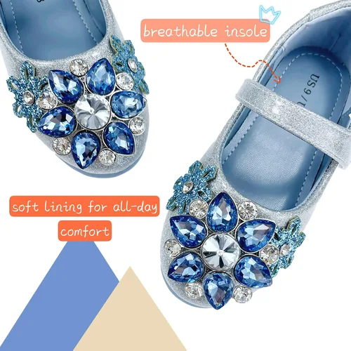 Vista 2 de owiluup - Zapatos de vestir para niñas Mary Jane Princess con gancho y bucle con purpurina para fiestas azules para niños pequeños