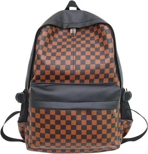 Vista 4 de Mochila estética a cuadros para mujeres y hombres, mochila vintage de piel sintética para laptop, Y2K, a cuadros, Alt Emo, casual