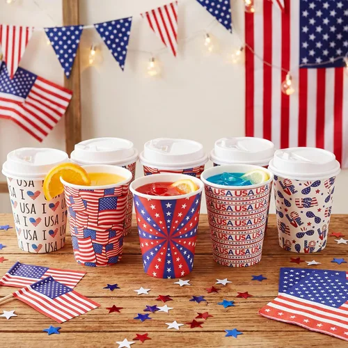 Vista 3 de 65 tazas de café desechables con tapas para el 4 de julio, vasos de papel desechables patrióticos de Estados Unidos, vasos de papel desechables