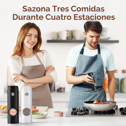 Vista 7 de Juego de molinillo eléctrico de sal y pimienta, molinillo de pimienta recargable automático con luz LED, grosor ajustable, saleros, operación