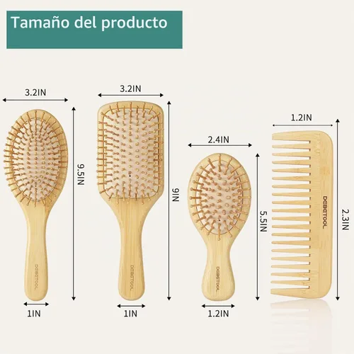 Vista 2 de DEBETOOL Juego de Cepillos de Cabello de Bambú, Peine de Paleta de Bambú de Madera Natural Desenredante para el Crecimiento del Cabello - Peine