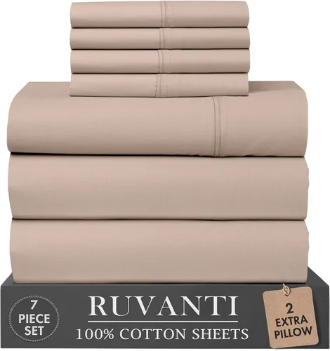 Vista 30 de RUVANTI Juego de sábanas de 4 piezas de algodón 100% natural de percal suave, ligero y transpirable, con bolsillos profundos de 16 pulgadas