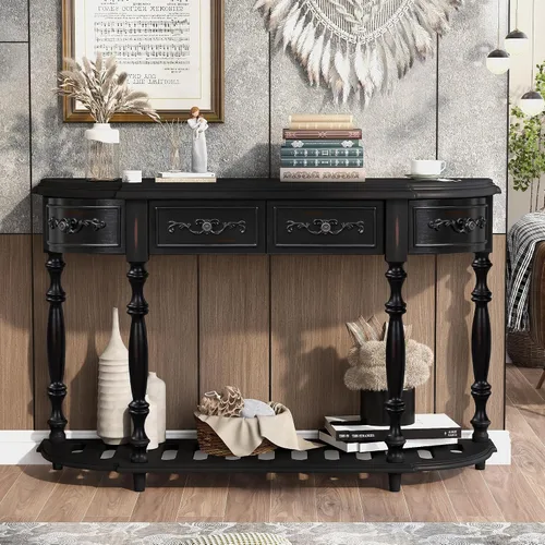 Vista 9 de Polibi Mesa consola Half Moon, mesa de entrada con cajón y estante, patas ajustables, diseño rústico vintage, mesa de sofá para entrada, sala