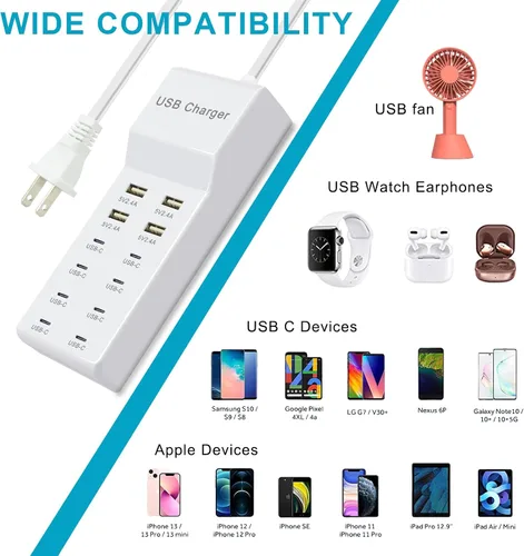 Vista 2 de Cargador USB, estación de carga USB de 12 puertos (4 puertos USB-A y 8 puertos USB-C) Estación de carga USB múltiple compatible con iPhone