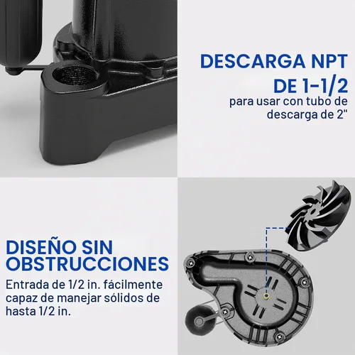 Vista 6 de Acquaer Bomba sumergible de aguas residuales/efluentes de 1/3 HP, bomba de sumidero de hierro fundido de 3680 GPH con interruptor de flotador