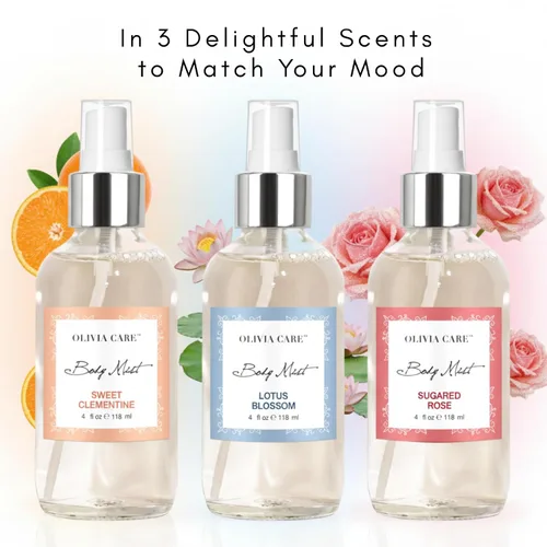 Vista 3 de Olivia Care Body Mist Trio, 3 aromas: flor de loto, rosa azucarada, clementina dulce (3 botellas en total (1 de cada aroma))