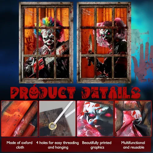 Vista 5 de SmoothNovelty 4 Pack Halloween Window Decorations Halloween Clown Curtain Scary Window Silhouettes Cover, Horror Clown with Blood for Garage Door