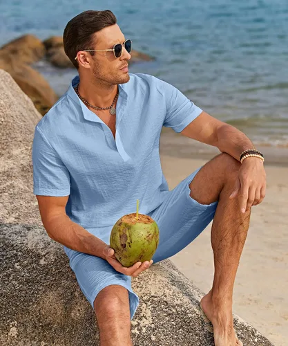 Vista 2 de COOFANDY Conjunto de 2 piezas de lino para hombre, camisas Henley casuales de manga corta, pantalones cortos de yoga para la playa, pantalones