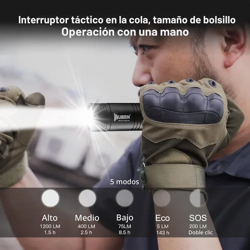 Vista 3 de WUBEN L50 linternas tácticas recargables, 1200 lúmenes, impermeables IP68, 5 modos para emergencia, rescate, inspección, caza