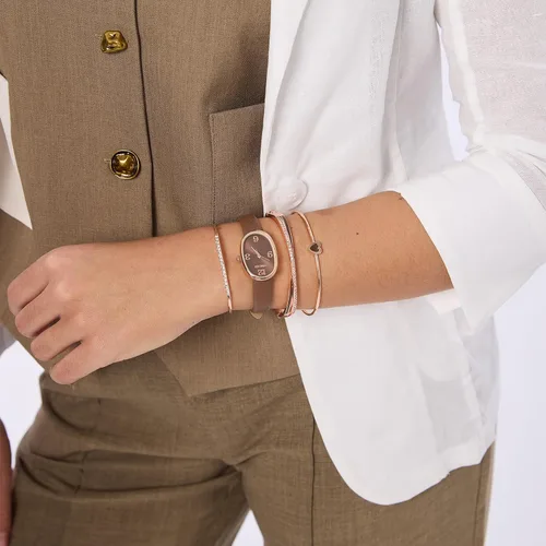 Vista 4 de TIME100 Reloj ovalado para mujer y pulsera acentuada con cristal de primera calidad, correa de cuero