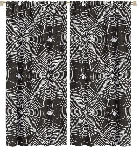 Vista 95 de Cortinas opacas de tela de araña aterradora para niños, tela de araña en blanco y negro, fondo rojo, dormitorio de niños, guardería, decoración