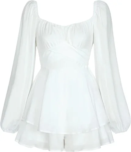 Vista 5 de Mameluco de manga abombada para mujer, vestido con volantes y hombros descubiertos con pantalones cortos de manga larga con capas fluidas de pirata