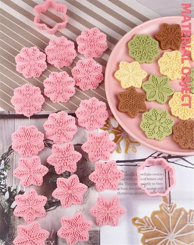 Vista 9 de Juego de 9 patrones de sellos de galletas de copo de nieve 3D, plástico de grado alimenticio, 6 ramas con forma de copos de nieve, cortadores