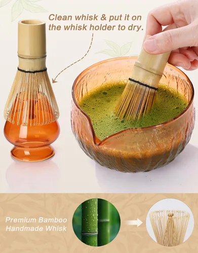 Vista 11 de Juego de batidor de matcha, 7 piezas, el kit de matcha incluye cuenco matcha, batidor y soporte de matcha, cuchara de bambú, cuchara, tamiz y toalla