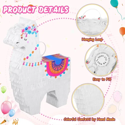 Vista 7 de Wettarn Fiesta de piñata de llama para suministros de fiesta mexicana, incluye palo de piñata y venda, confeti para celebraciones de cumpleaños