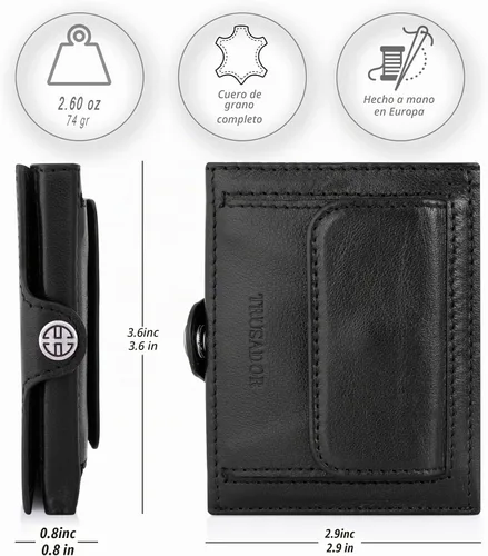 Vista 2 de TRUSADOR Billetera unisex de cuero Valencia pequeña y compacta con bolsillo frontal RFID y bolsillo para monedas, Negro