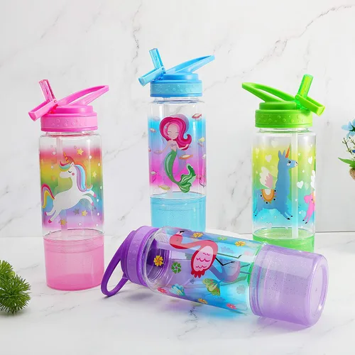 Vista 3 de Botella para beber agua para niños de 18 onzas, sin BPA, tapa con popote abatible, fácil de abrir, ligera, compartimento para aperitivos, botella