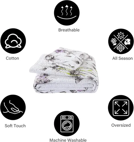 Vista 5 de PANGUSHAN Juego de edredón tamaño Queen – Juego de edredón 100% algodón, colcha botánica floral con 2 fundas de almohada, ropa de cama ligera