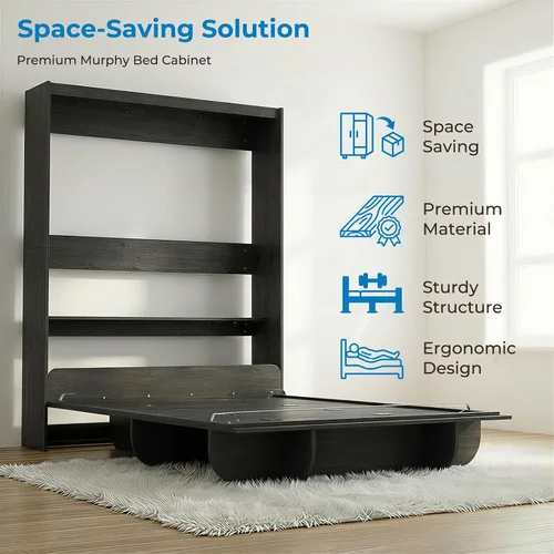 Vista 6 de Mjkone Cama Murphy de pared tamaño Queen con estante de almacenamiento Negro