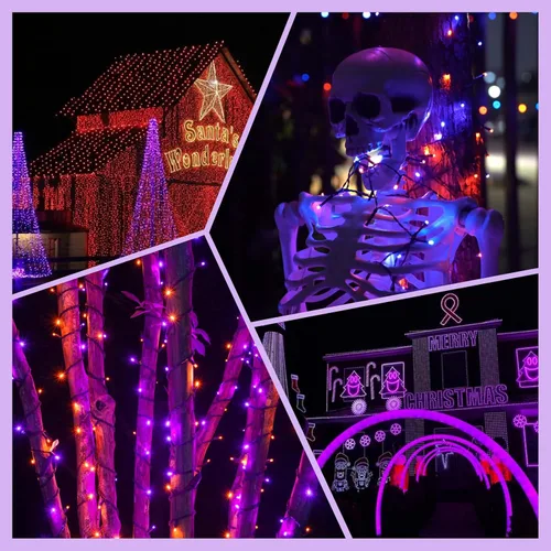 Vista 6 de Guirnalda de luces moradas y naranjas de Halloween, se pueden conectar entre sí, 2 unidades, 164 pies, 400 LED, 13 modos, impermeable