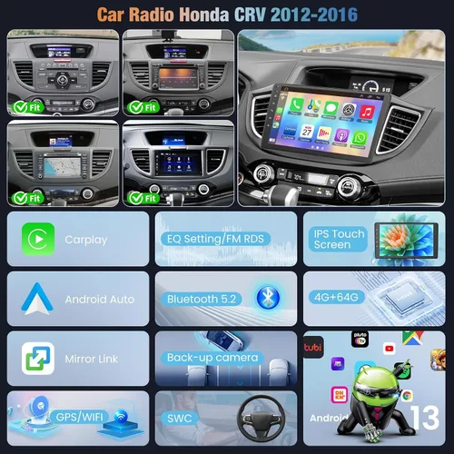 Vista 2 de Radio de coche de 4 GB+64 GB para Honda CRV 2012 2013 2014 2015 2016, pantalla táctil IPS de 10 pulgadas CRV estéreo de coche con Carplay
