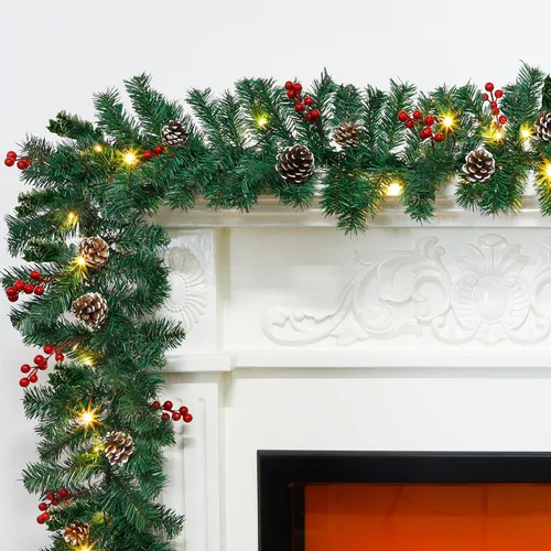 Vista 4 de GUOOU Guirnalda de Navidad Iluminada de 9 Pies (2.7 m), Guirnalda de Navidad a Pilas con Luces, Corona Guirnalda Preencendida para Decoraciones