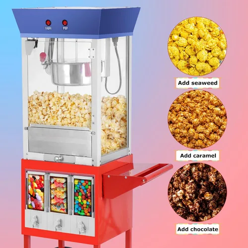 Vista 3 de Máquina para hacer palomitas de maíz, 8 onzas, estilo teatro, portátil, portátil, con tres dispensadores de caramelos y granos de almacenamiento