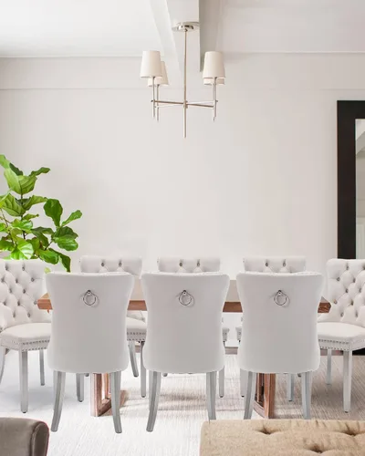 Vista 26 de Juego de 2 sillas de comedor de terciopelo con patas de madera, color beige Mid Century Modern Dining Chairs,Upholstered Chairs with Nailhead