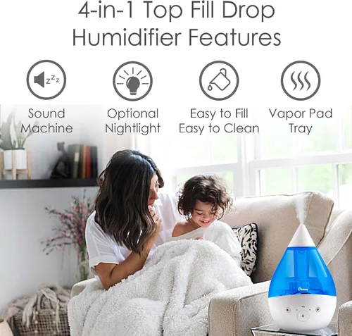 Vista 2 de Crane Humidificador ultrasónico de niebla fría 4 en 1 Drop 2.0 con máquina de sonido, luz nocturna, bandeja de aroma, relleno superior de 1 galón