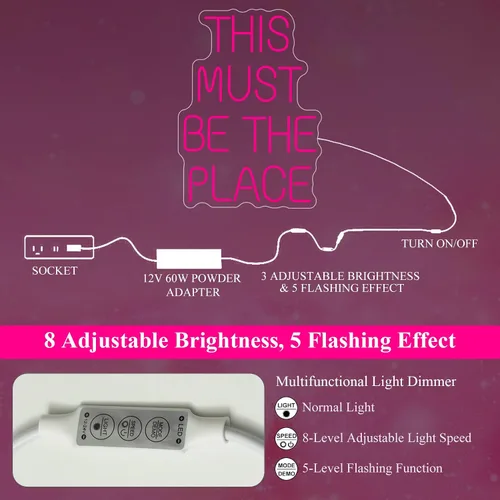 Vista 4 de Letrero de neón con texto en inglés «This Must Be The Place» para decoración de pared para bodas, aniversarios, fiestas, dormitorio (rosa)