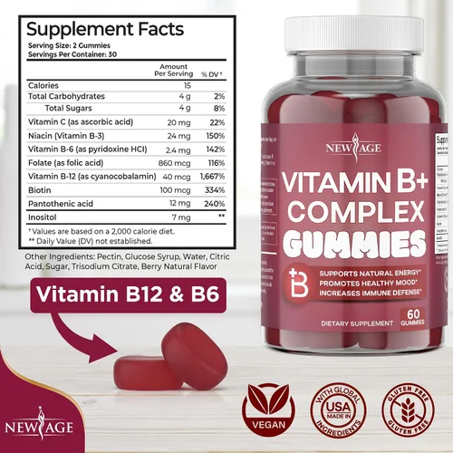 Vista 2 de NEW AGE - Gomitas de complejo de vitamina B con vitamina B3, B5, B6, B7, B9 y B12, con biotina, ácido fólico y vitamina C, sin gluten, veganas