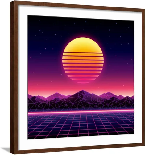 Vista 17 de ART.COM Wall Art Print Retro Futuristic Background 1980S Style. Digital Landscape in a Cyber World. Retro Wave Music Album on Black Frame by Kelvin