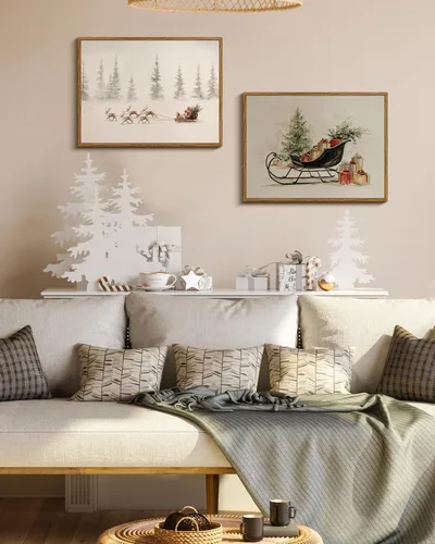 Vista 5 de Arte de pared con trineo, árbol navideño y cajas de regalo, 12 x 16 pulgadas, lienzo enmarcado de Navidad, cuadro rústico festivo, obra de arte
