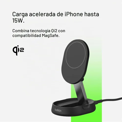 Vista 2 de Belkin Soporte de carga inalámbrico magnético Qi2 15W, cargador convertible Negro