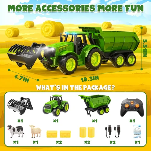 Vista 6 de Funwee Juego de juguete de tractor de granja RC con cargador, remolque y Verde brillante