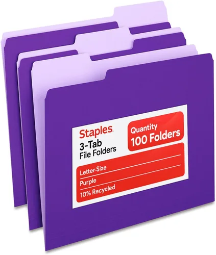 Vista 19 de Staples Carpetas de archivos de colores, tamaño carta, diseño de pestaña superior de 3 pestañas, papel duradero de 10.5 puntos, paquete de 100