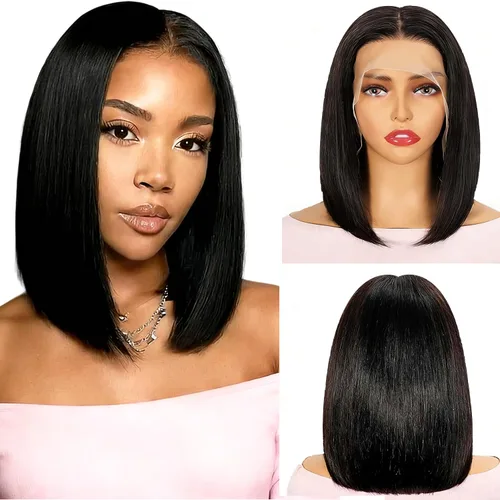 Vista 12 de Peluca de cabello humano lacio marrón con reflejos de 13 x 4, peluca frontal de encaje transparente #4, peluca corta Bob para mujeres negras