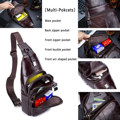 Vista 3 de Bolsos cruzados para hombre, bolso bandolera de cuero, mochilas casuales para el pecho, bolsa de hombro, mochilas de senderismo de viaje