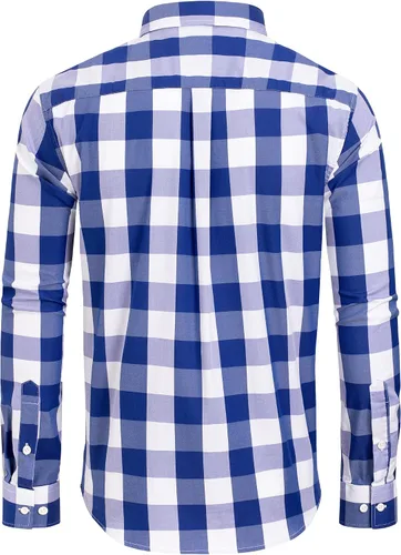 Vista 2 de Alimens & Gentle Camisas a cuadros con botones para hombre, camisas de vestir de manga larga de algodón, camisas de guingán de ajuste regular