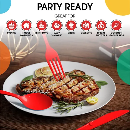 Vista 6 de Party Solids Cuchillos de plástico rojo, 200 piezas, cuchillos rojos, utensilios desechables, juego de cubiertos de plástico resistente