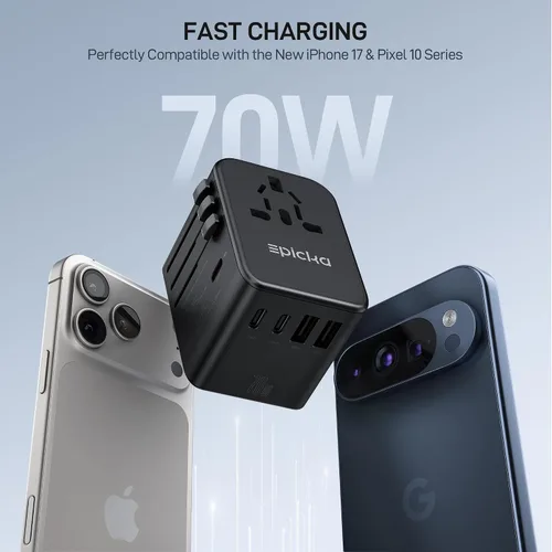 Vista 2 de EPICKA Adaptador de viaje universal, adaptador de enchufe internacional GaN de 70 W con carga rápida PD y convertidor de voltaje de onda sinusoidal
