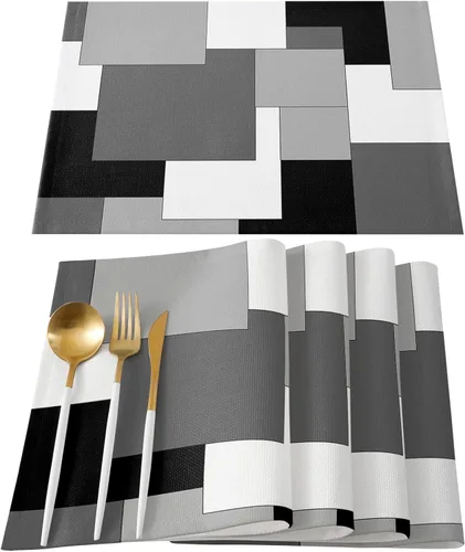 Vista 9 de Juego de 4 manteles individuales de color rojo, negro y gris, manteles individuales con aislamiento térmico antideslizantes, lavables, manteles
