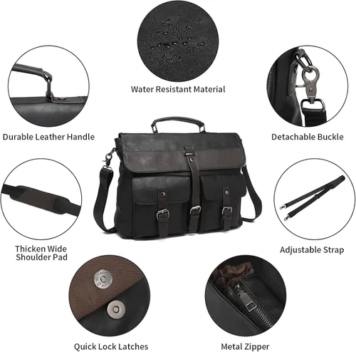 Vista 4 de Bolsa de mensajero de cuero para hombre, bolso vintage para computadora portátil, resistente al agua, maletín de viaje de negocios, bolsa de trabajo