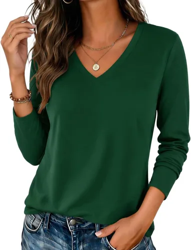 Vista 14 de Zeagoo Camisas de manga larga para mujer, cuello en V, casual, básica Rosa